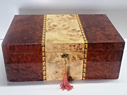 Nice Large Vintage Wooden Cigar Humidor Hygrometer Inlay Box with Key 14.50"