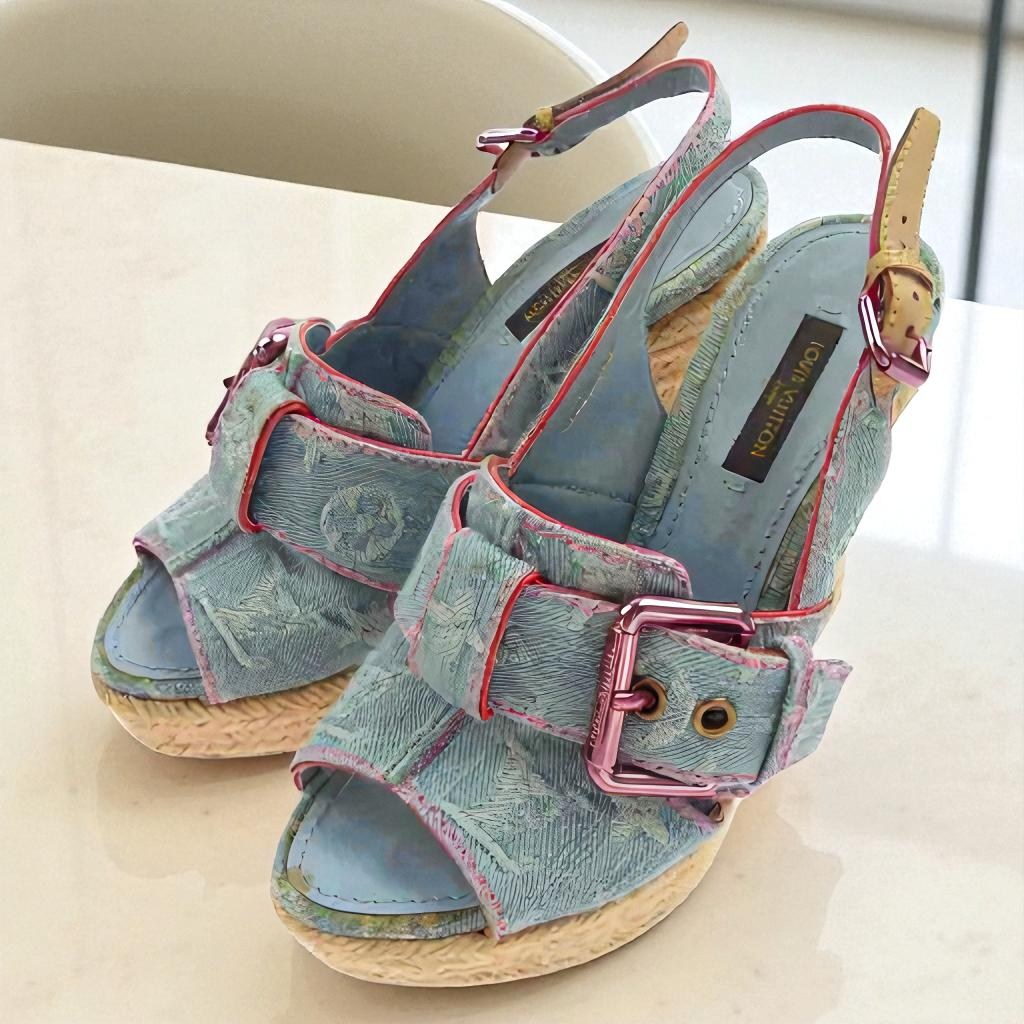 Auth Louis Vuitton Monogram Denim Backstrap Sandals US Size Light Blue  w/Box
