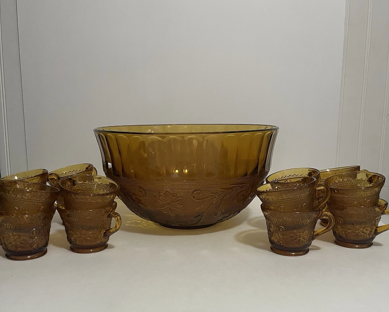 vintage Tiara Indiana Glass Sandwich punch bowl set in amber