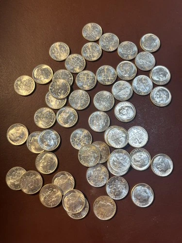 Lot of 50 (1 Roll) 1964 Silver Dimes - 90% Silver with many uncirculated
