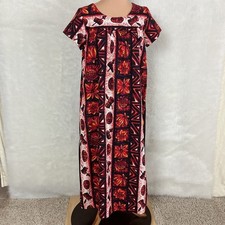 Vintage 60s Red Black Orange Pineapple Tiki Drums Floral Muumuu Maxi Dress 12