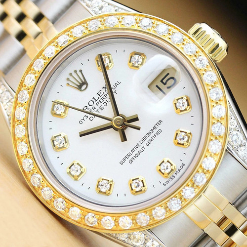 ROLEX LADIES DATEJUST 69173 WHITE DIAMOND DIAL 18K GOLD DIAMON...