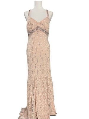 Vintage 90s MY MICHELLE Blush Pink Sequin Lace Long Gown V-Neck Strappy Size 15