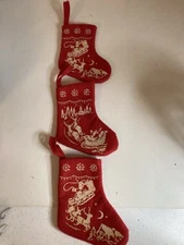 3 Mini Vintage Style Red Felt Holiday Christmas stockings Santa Reindeer Sleigh