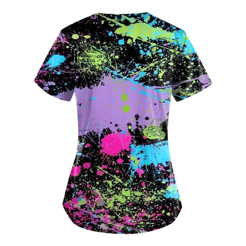 Women Printed Scrub Working Uniform V-Neck Short Sleeve Workwear Tee With Pocket - Picture 8 of 39