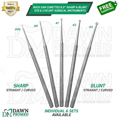 Buck Ear Curettes 6.5'' Sharp & Blunt Straight & Curved ENT Surgical Instruments