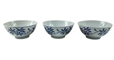 Vintage Pier 1 Rice Bowls Blue Floral Porcelain Footed Set of 3
