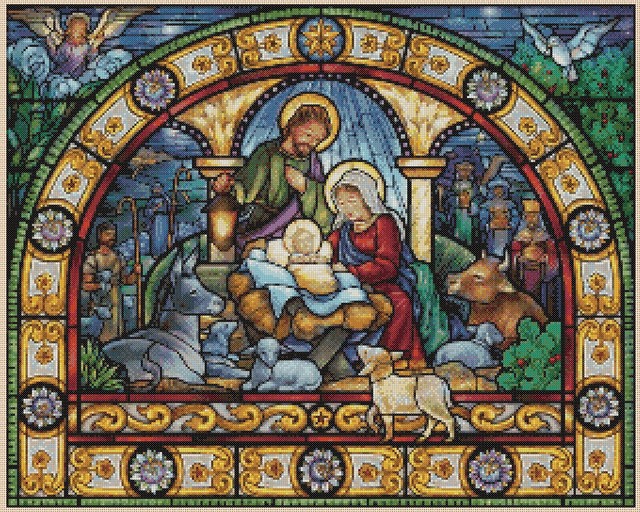 Christmas Nativity Scene Stained Glass Counted Cross Stitch COMPLETE