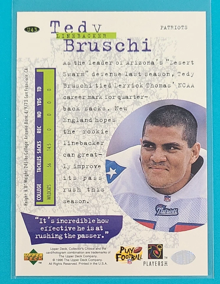1996 Collector's Choice Update RC #U43 Tedy Bruschi NE Patriots FOOTBALL Card R8 - Image 2 of 2