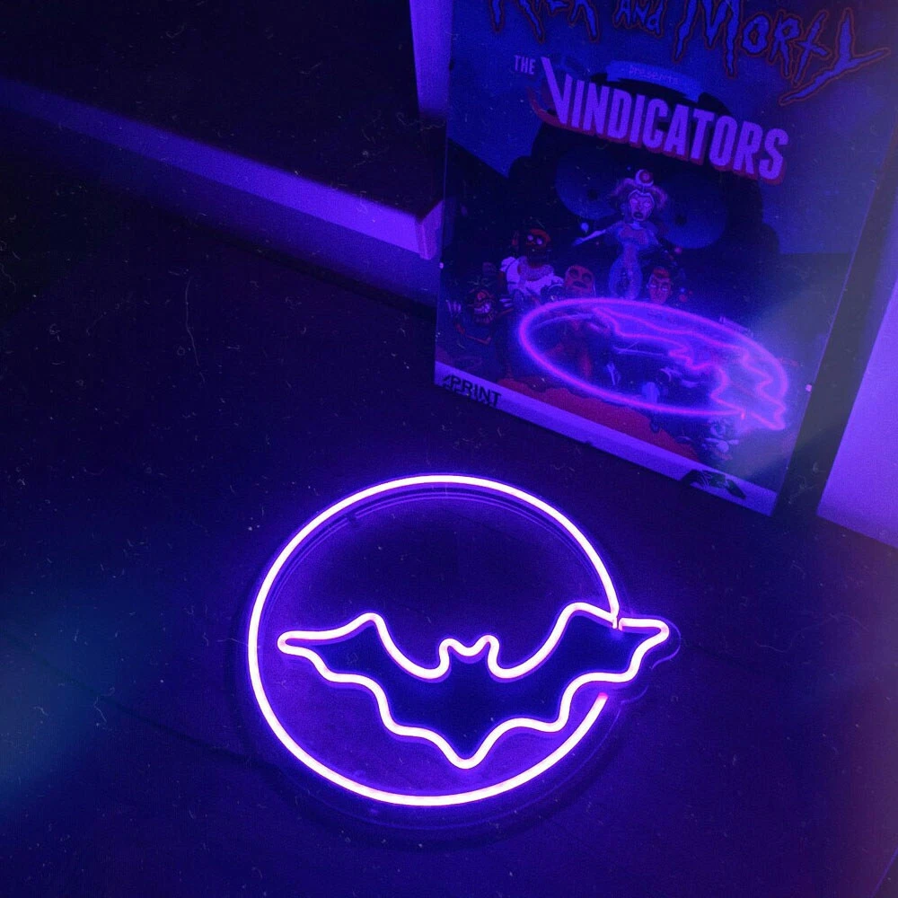 Bat and Moon LED Neon Light Sign, Halloween Wall Art Decor
