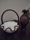 Vintage SET Fenton White Crimped Bowl Hand-Painted Purple Flowers Signed & Vase