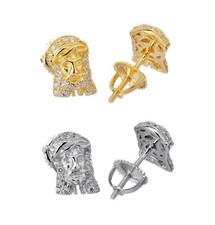 Aretes para hombre de plata esterlina de oro o plata circonita helada Jesús con tornillo trasero 401