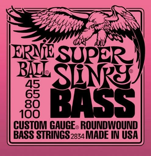 Ernie Ball 2834 Super Slinky 045/100 Set 4 Corde per Basso Elettrico Roundwou...