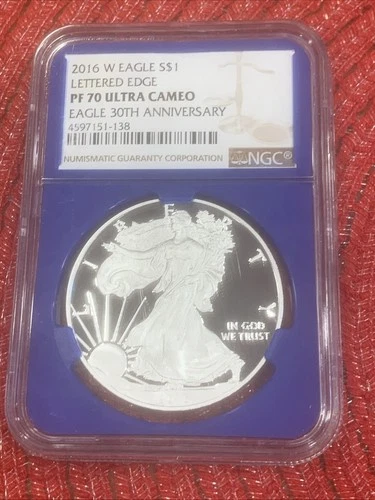 2016-W Proof American Silver Eagle NGC PF 70, 30th Anniversary, Lettered Edge