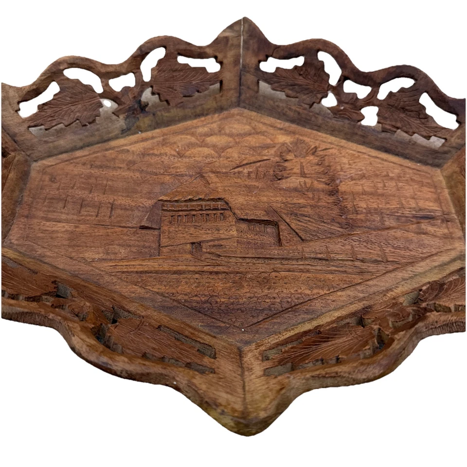 Frutero/bandeja de madera tallada a mano estilo vintage grabado de casa de madera real Foto 4 de 4