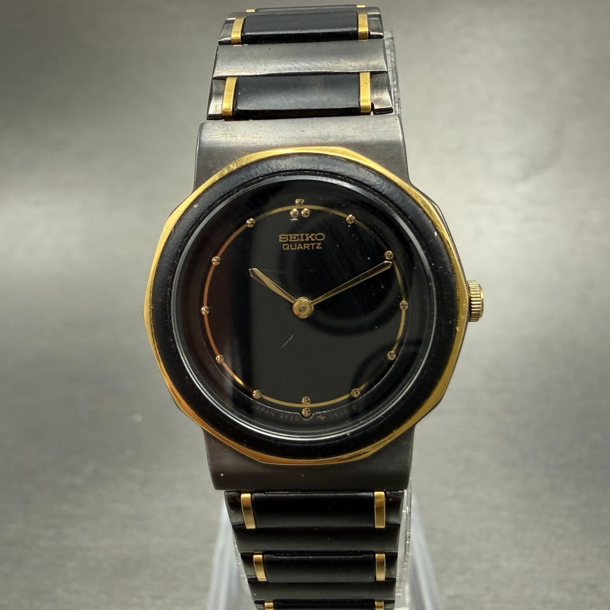 Seiko Watch Women 23mm Black Dial Black & Gold Tone 2P20-0200 New