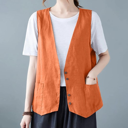 Women'S Linen Vests Spring Summer Button Down V Neck Waistcoat Jackets Vests - Picture 15 of 29