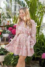 New En Saison Josette Floral Long Sleeve Mini Shirtdress In Pink. Size M
