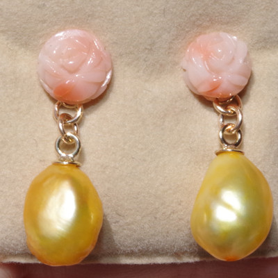 WUNDERSCHÖNE 14K ENGELSHAUT ROSE KORALLE MIT 10 MM GOLDENEN PERLEN OHRHÄNGER JACKEN B