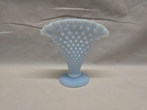 Vintage FENTON Glass BLUE PASTEL Milk Glass 4" HOBNAIL Fan VASE Rare c. 1954