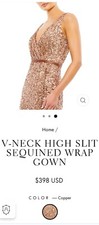MAC DUGGAL  5539 SEQUINED WRAP & DRAPE DETAIL COPPER THIGH SLIT GOWN Size 16