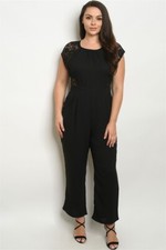 Womens Plus Size Black Jumpsuit 1XL Lace Detail Cap Sleeve Open Back