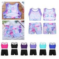 Girls Ballet Gymnastics Outfit Sleeveless Bra Top Shorts Jazz Dance Activewear