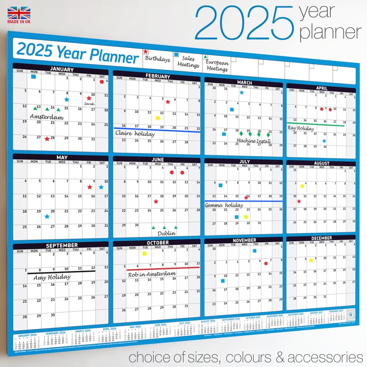 2025 Year Planner Wall Chart+Calendar+Holidays✓Grid Format