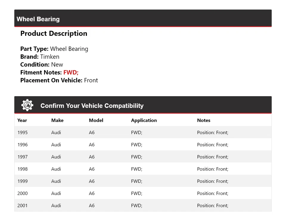 For 1995-2001 Audi A6 FWD Wheel Bearing Front Timken 1996 1997 1998 1999 2000 - Image 2 of 4