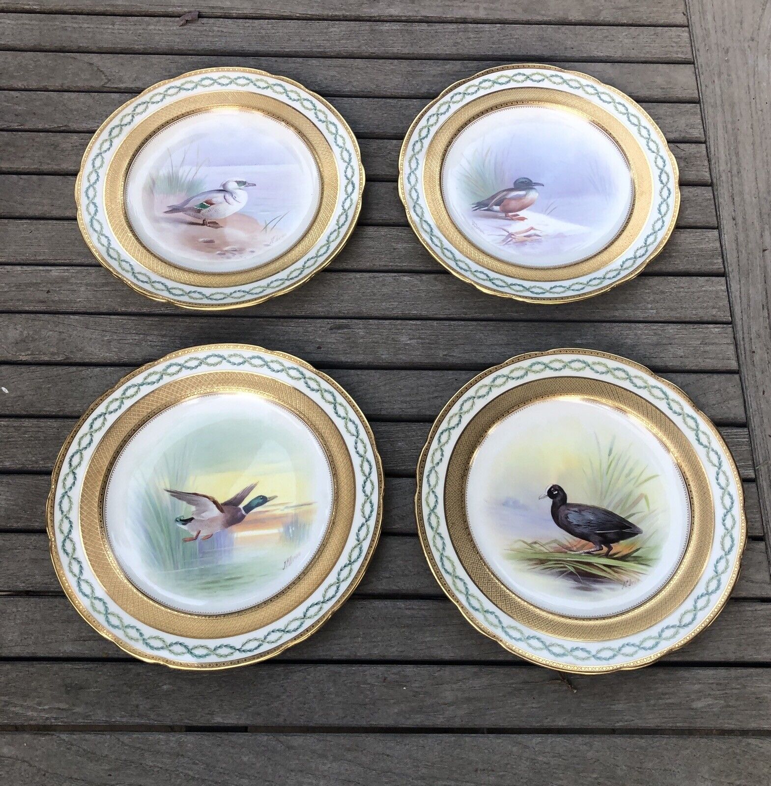 Minton Handpainted Cabinet Bird Plates JE Dean Embossed Gold Border Set of 4