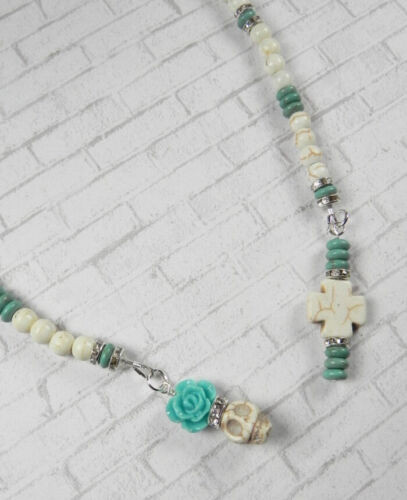 Skull Rose Beaded Thong Bookmark Howlite Rhinestone Handmade White Turquoise New - Picture 3 of 4