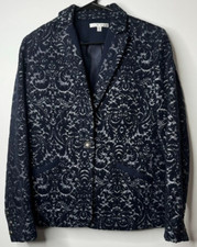 CAbi Navy Blue Jacquard Jacket Blazer Style Wool Blend Notched Lapel Size 6