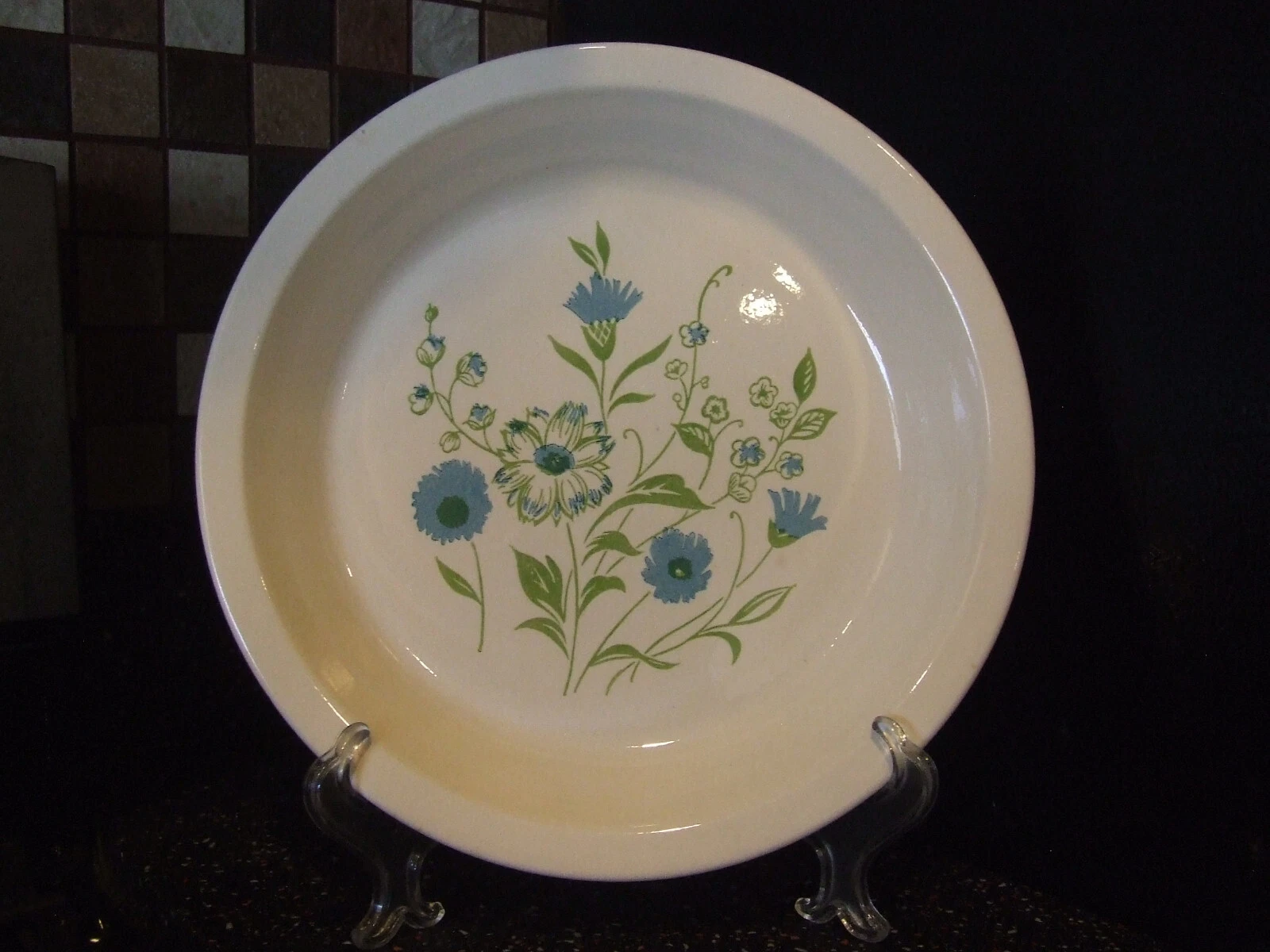 Vintage ROYAL CHINA Pie Plate USA Ironstone Blue Green Floral Pie Dish 10 inches
