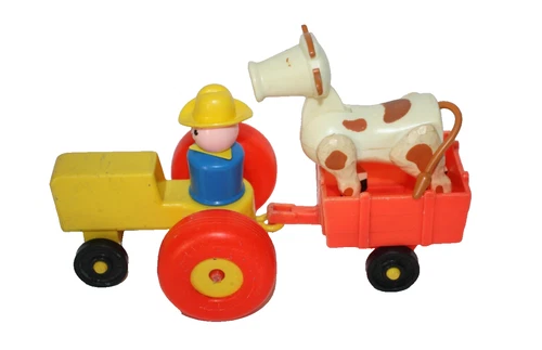 Vintage Fisher Price Little People Farm Set Tractor W/Trailer Farmer & Cow 4 Pcs