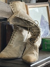 Edwardian 1910s Beige Canvas Women's Boots Vintage Lace-Up Everyday