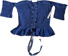 Women's Blue Off-Shoulder Solid Smocked Lace-Up Ruffle Hem Short Sleeve Blouse