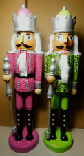 Unbranded Set of 2 Two Wooden Sparkly Nutcrackers w/Crowns 1 Pink, 1 Green