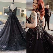 Black Gothic Wedding Dresses V-Neck Sleeveless Lace Sequin Applique Bridal Gowns