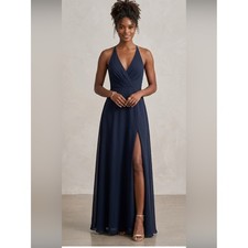 Jenny Yoo Bryce Gown Navy Blue Chiffon Bridesmaid Dress Size 2 Halter Backless