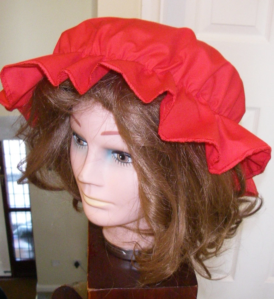 Victorian RED Mob Maid Mop Cap Fancy Dress Hat Accessory One Size Tudor   - Image 2 of 3