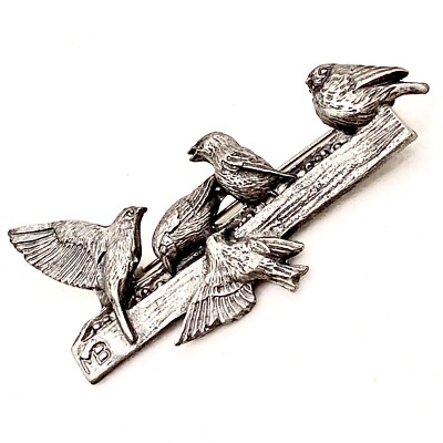 Vintage M Bastin Pewter Brooch 1999 Five Bird Feeder Bar Pin Estate Classic E