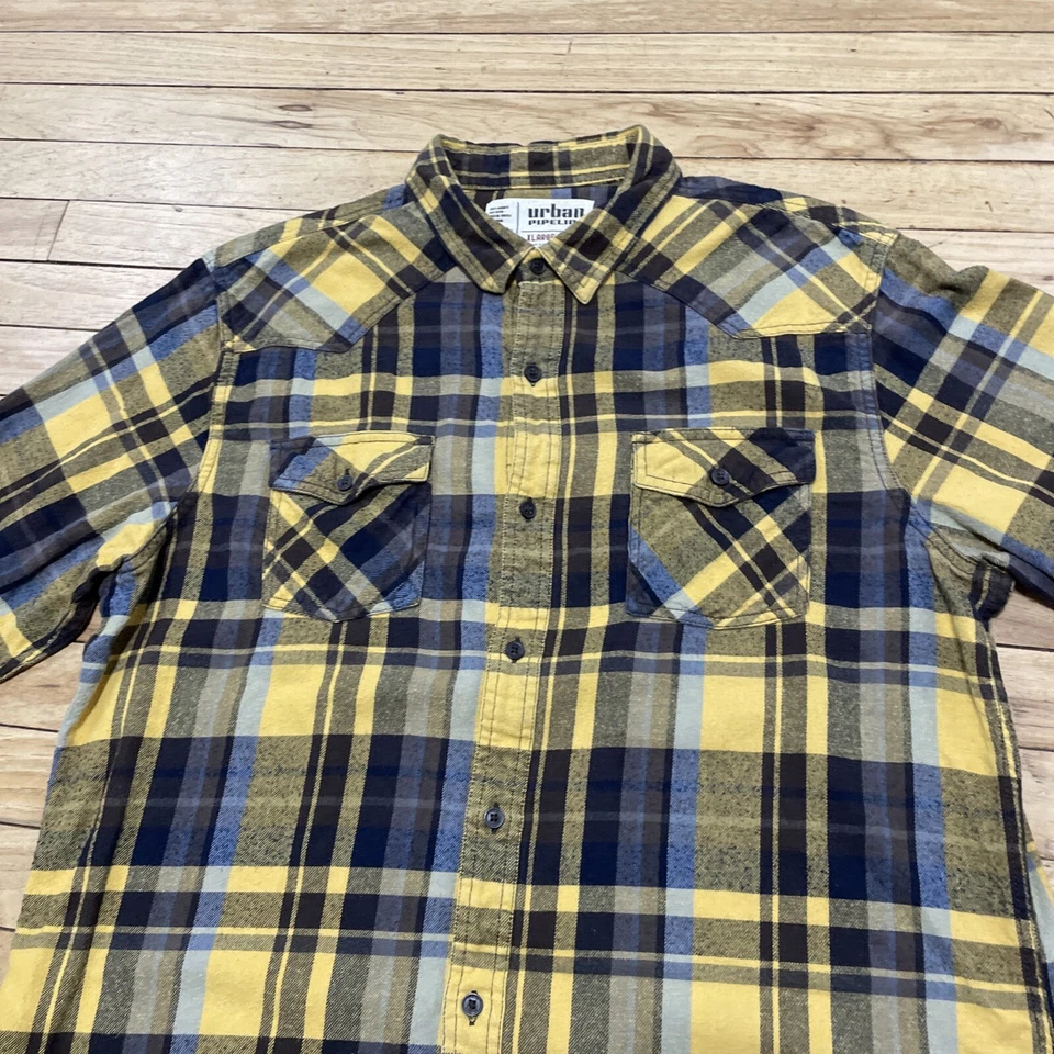 Camisa de franela Urban Pipeline para hombre XL amarilla a cuadros patín playa apilada manga larga Foto 4 de 4
