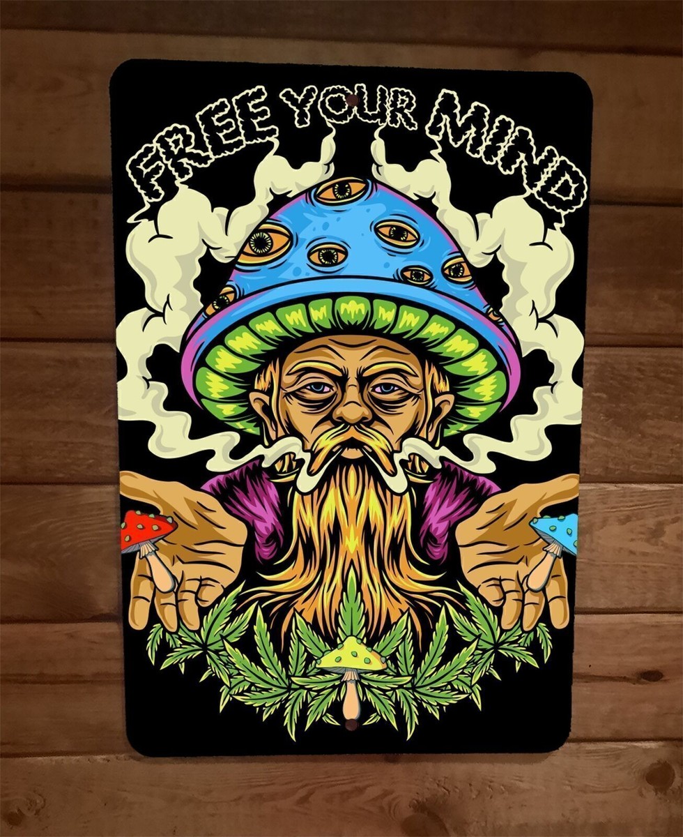 Free Your Mind Mushroom Gnome 420 Mary Jane 8x12 Metal Wall