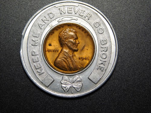 TOKEN 1945 LINCOLN HEAD CENT ROOSEVELT SAVINGS BANK NEVER GO BROKE LUCKY PENNY - Picture 3 of 5