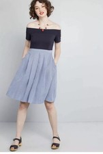 Modcloth Blue Jacquard Off The Shoulder Dress Size Small Double The Lovely 40’s