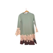Valentino Green Colorblock Lace Trim Shift Dress Bell Sleeve Crew Neck Size S
