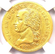 1820-Eagle Italy Gold 20 Lire Sardinia Coin 20L - Certified NGC AU50 - Rare!