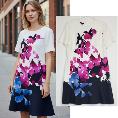 Escada 42 large floral sheath dress short sleeves ruffle white multi summer boho
