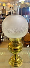 Vintage Duplex Double Wick Brass Oil Lamp With Flute & Frosted Shade
