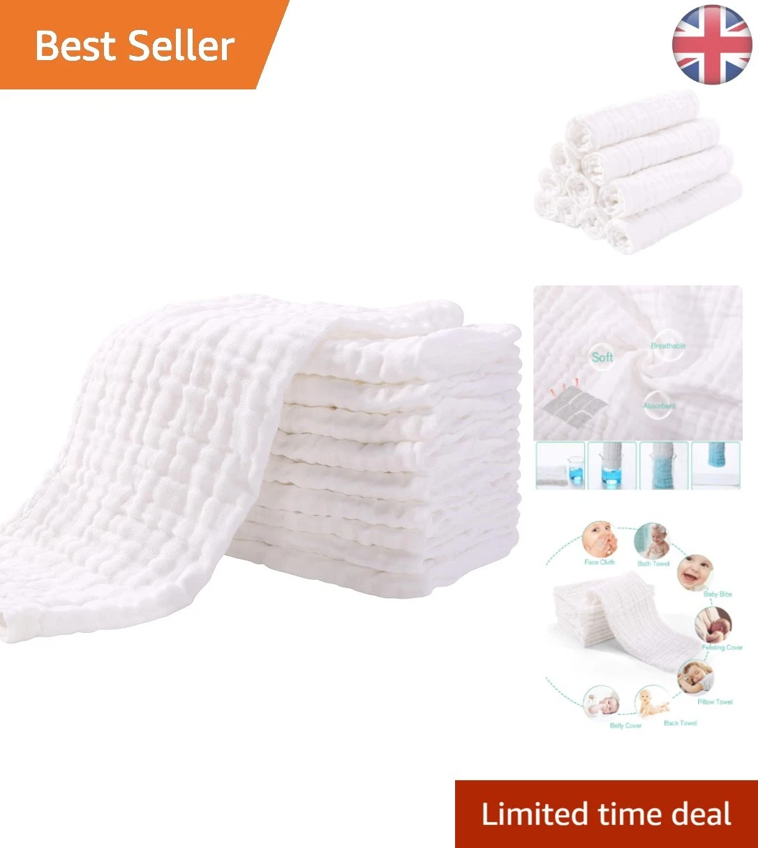 Safe & Absorbent Baby Muslin Squares - 10 Pack of Natural Cotton Cloths, 35x50cm